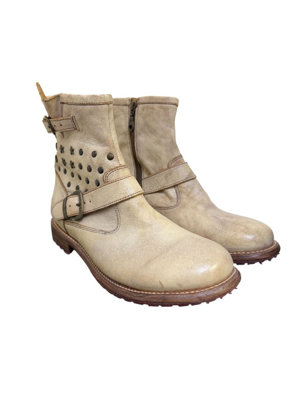 Bed Stu Distressed Cream Leather Studded Ankle Boots Size 10